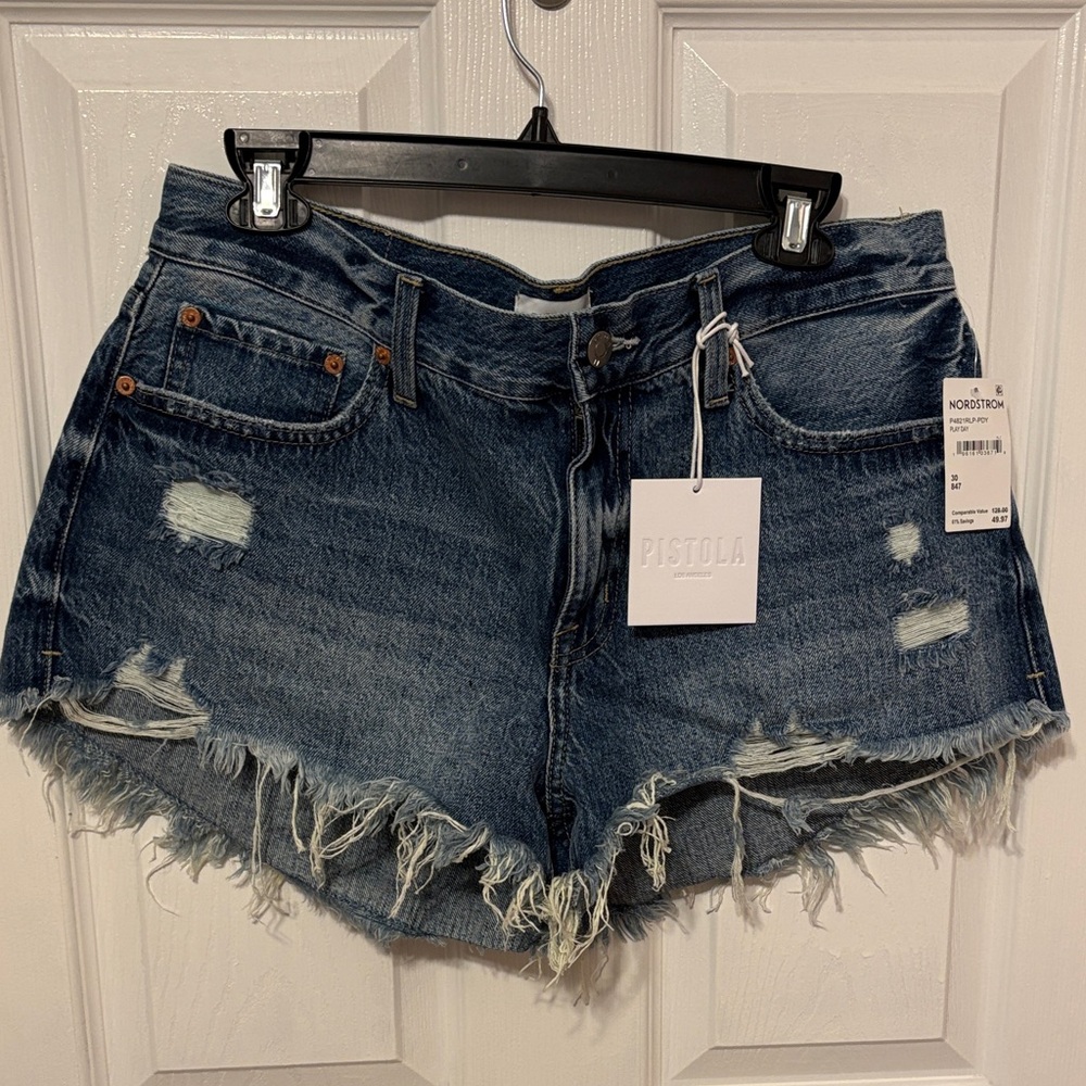 Pistola Dark Blue Frayed Jean Shorts